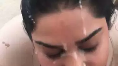 Big boob babe takes thick Indian cum in mouth