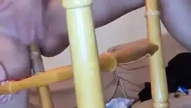Crazy wild girl fucks her pussy with a chair leg